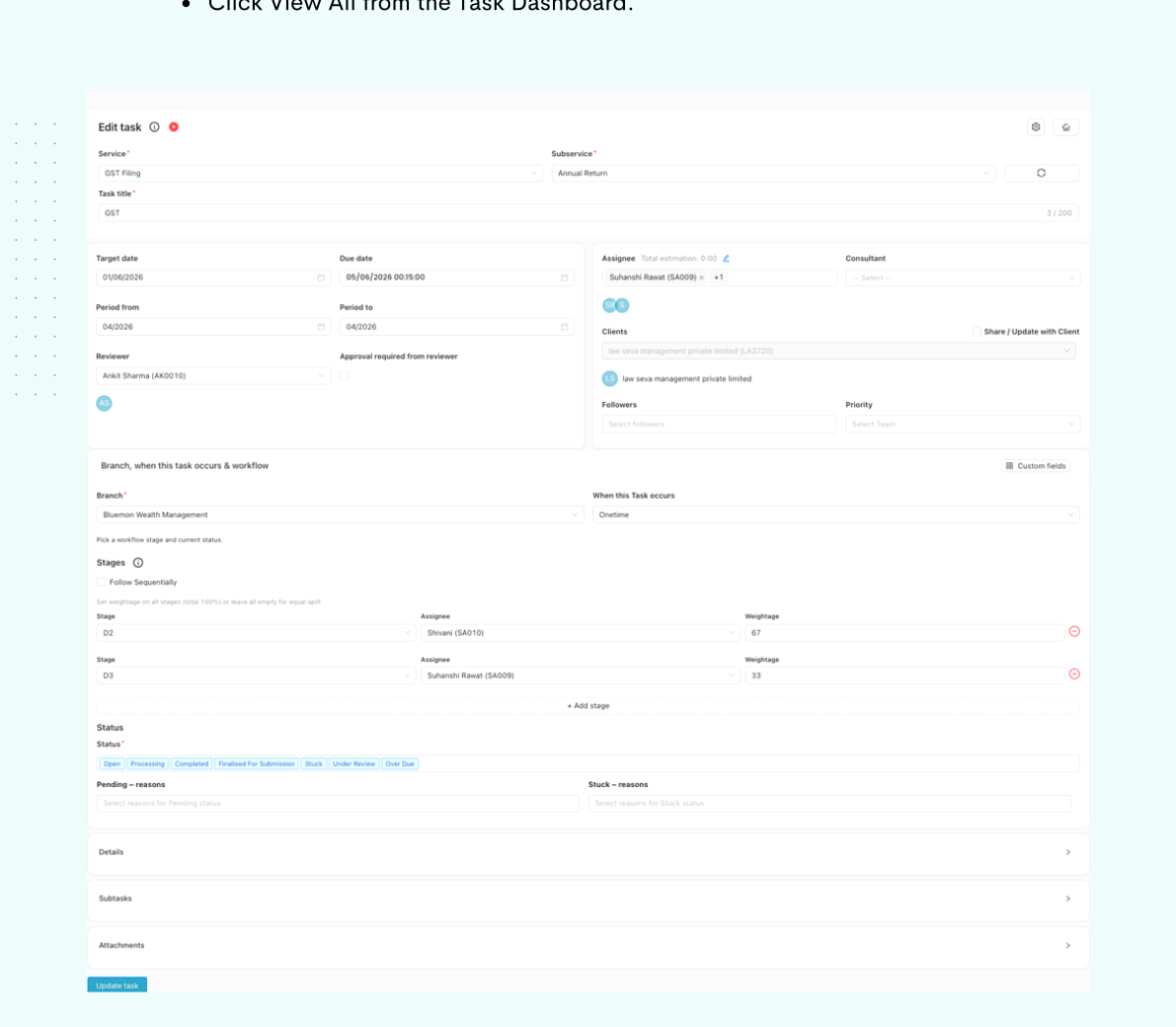 Edit task form with fields and Update task button