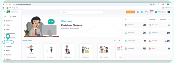 Dashboard with Task highlighted in the left navigation panel