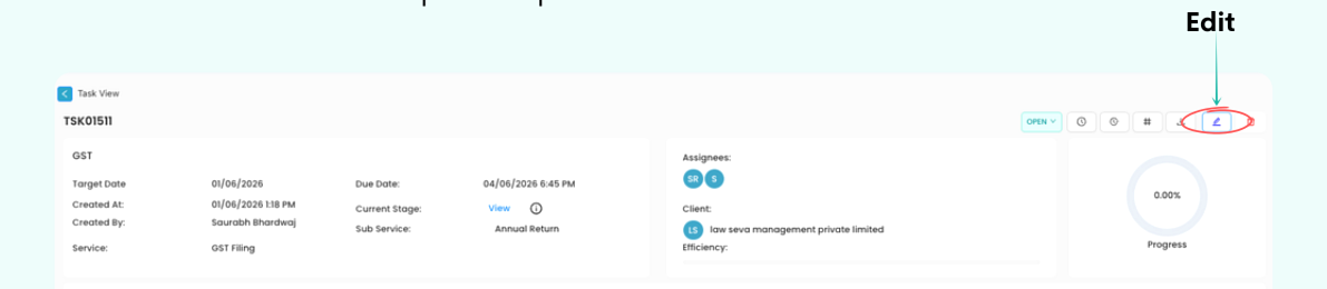 Task detail view with Edit icon highlighted
