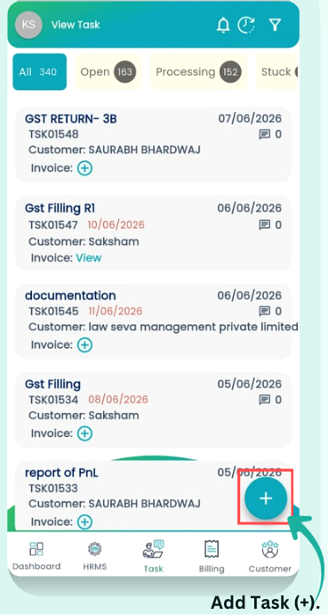 View Task screen with Add Task plus button highlighted