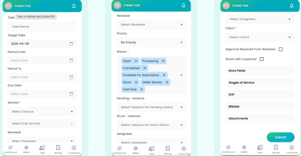 Create Task form showing task name, dates, service, priority, status, assignees, client, and optional sections