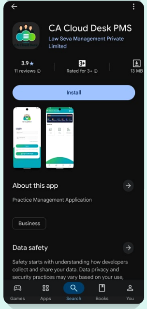 Google Play Store listing for CA Cloud Desk PMS with Install button