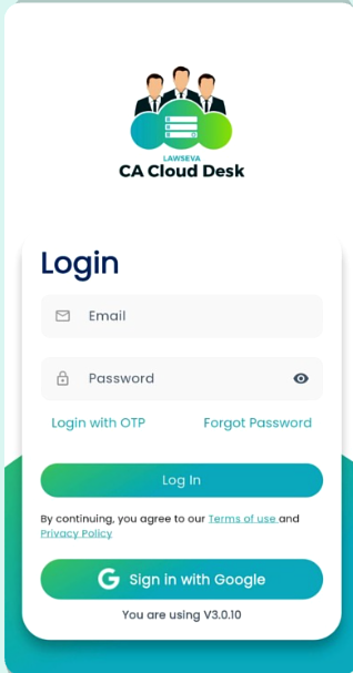 CA Cloud Desk mobile app login screen with email and password fields