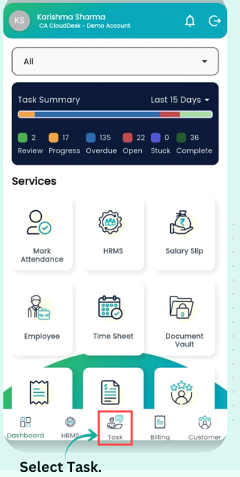 Mobile dashboard with Task icon highlighted in bottom navigation