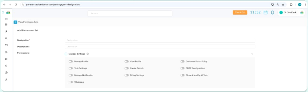 Add Permission Set form with Designation and Description fields