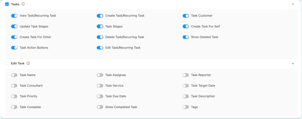 Tasks and Edit Task permission toggles for task permissions