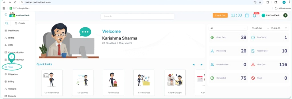 CA Cloud Desk dashboard with Task highlighted in the left navigation panel