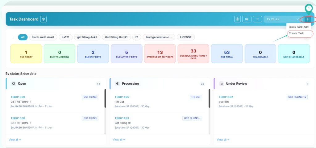 Task Dashboard with plus icon and Create Task option highlighted