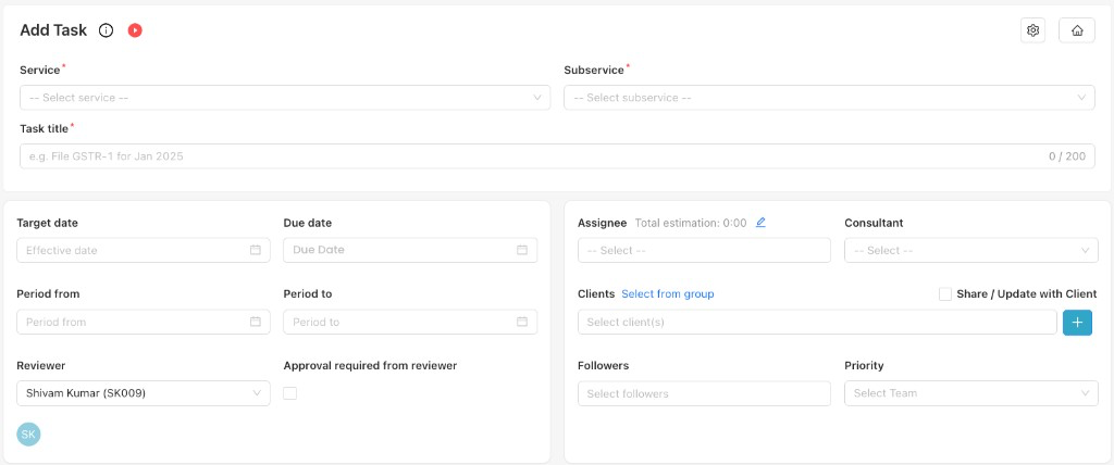 Add Task form with Service, Task title, dates, assignees, and client fields