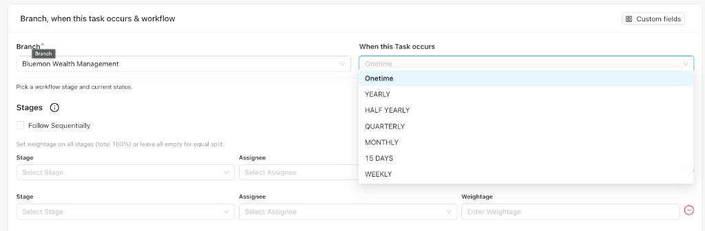When this Task occurs dropdown with recurrence frequency options