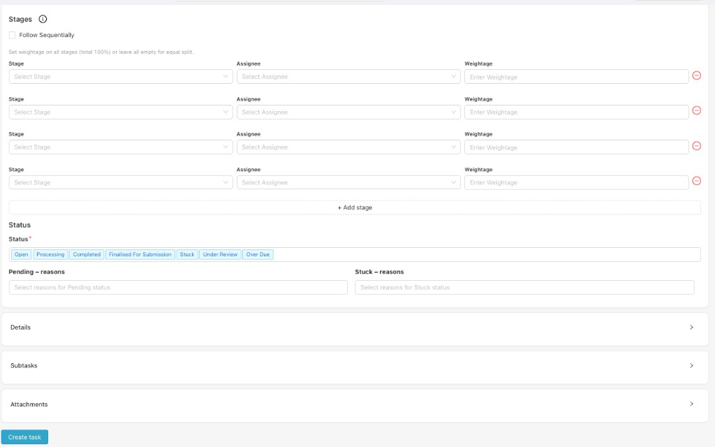 Stages, Status, Details, Subtasks, Attachments, and Create task button