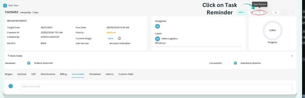 Task View with Task Reminder icon highlighted in the action toolbar