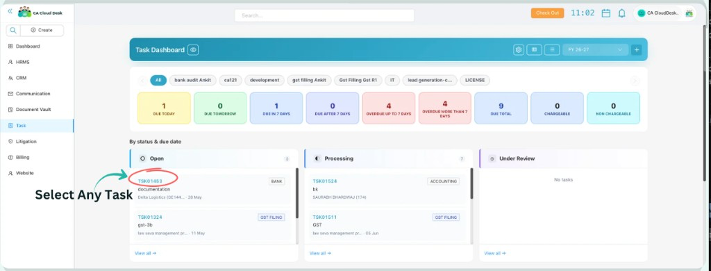 Task Dashboard with Select Any Task annotation pointing to a task card