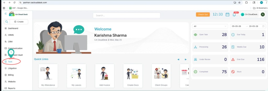 CA Cloud Desk dashboard with Task highlighted in the left navigation panel