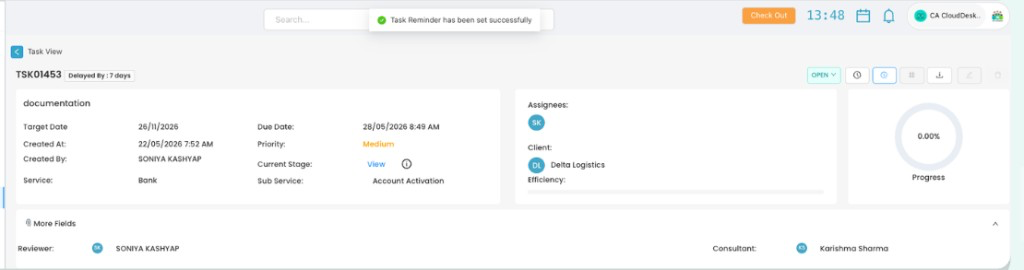 Task View showing Task Reminder has been set successfully confirmation