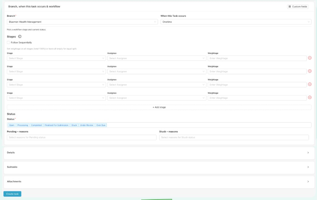 Add Task form workflow section with Branches, Stages, Status, and Create task button