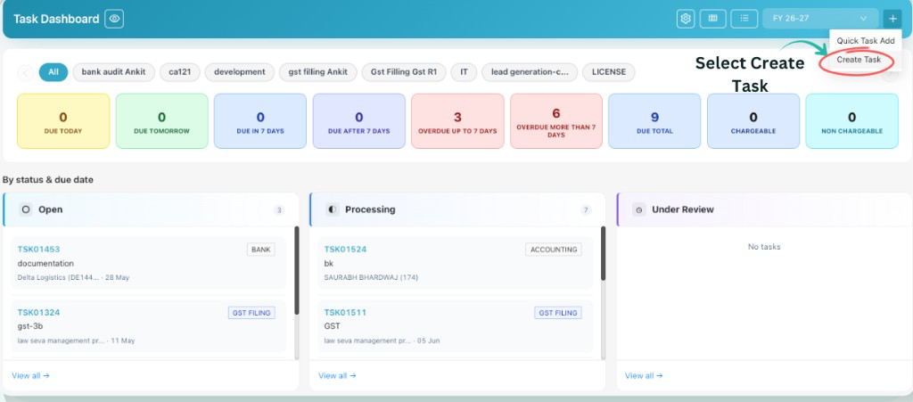 Task Dashboard with Create Task option highlighted in the plus menu
