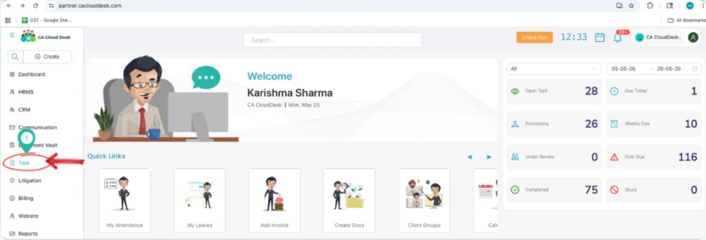 CA Cloud Desk dashboard with Task highlighted in the left navigation panel