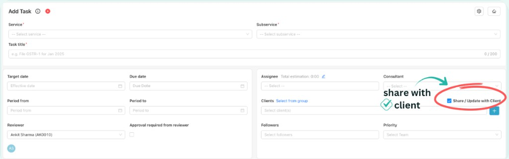 Add Task form with Share / Update with Client checkbox highlighted