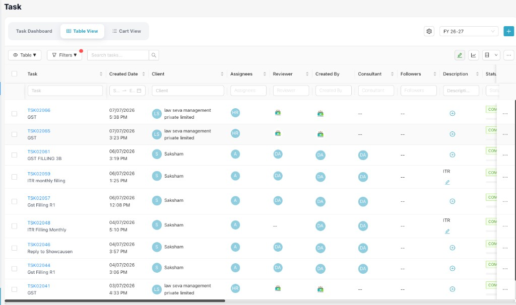Task Table View with searchable task list, columns, and row checkboxes