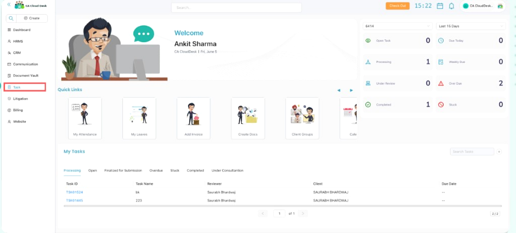 CA Cloud Desk dashboard with Task highlighted in the left navigation panel