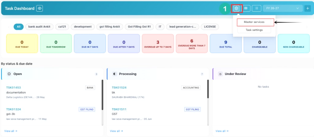 Task Dashboard with Settings gear icon and Master Services dropdown highlighted