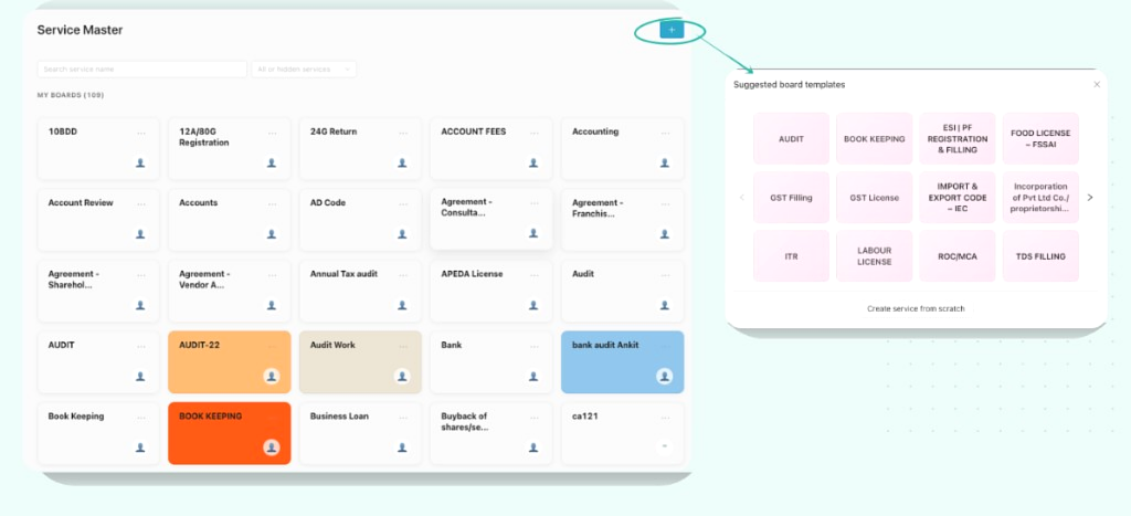 Suggested board templates modal with Create service from scratch option