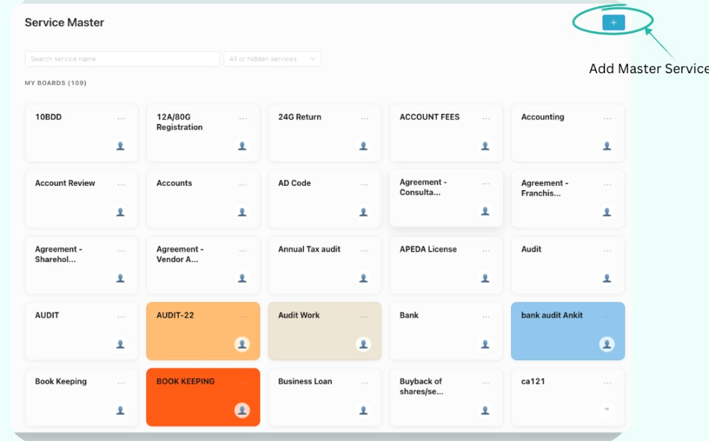Service Master page with Add Master Service plus button highlighted