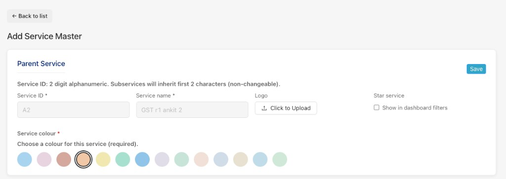 Add Service Master form with Parent Service fields