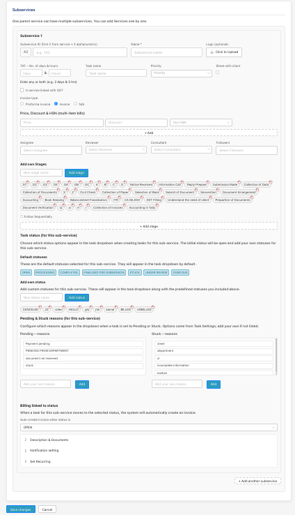 Subservice configuration form with name, priority, TAT, stages, and assignees