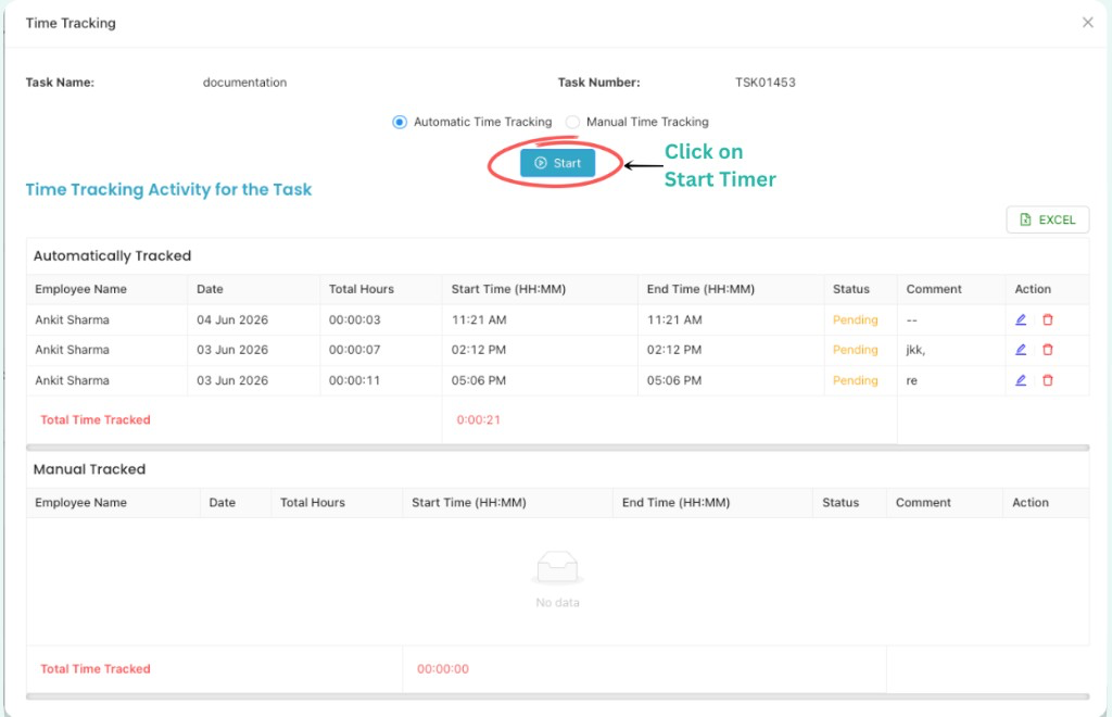 Time Tracking modal with Start button circled to begin automatic tracking