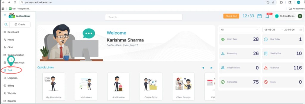 CA Cloud Desk dashboard with Task highlighted in the left navigation panel