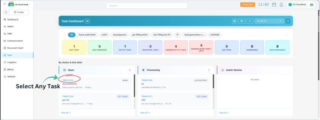 Task Dashboard with Select Any Task annotation pointing to a task card
