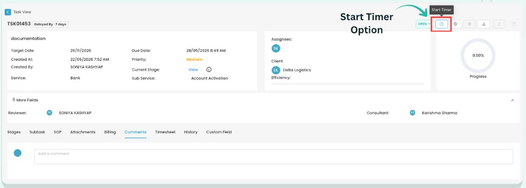 Task View with Start Timer option highlighted on the action bar
