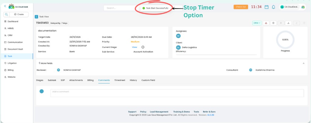 Task View showing Task Start Successfully toast and Stop Timer option highlighted
