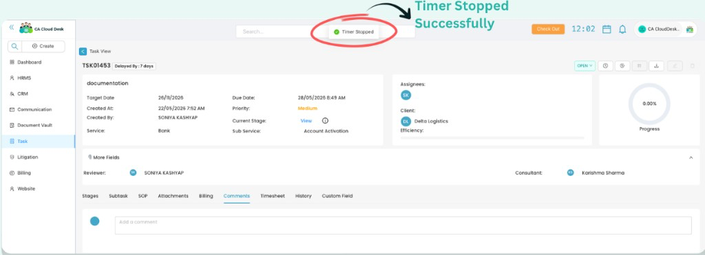 Task View with Timer Stopped success notification