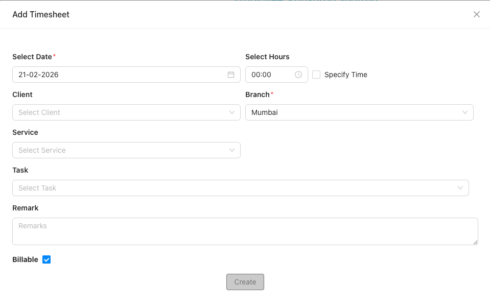 Add Timesheet form with date, hours, client, branch, service, task, remark, billable