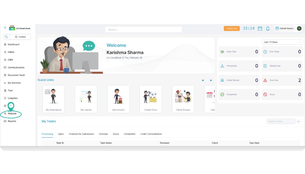 Dashboard with Website menu highlighted