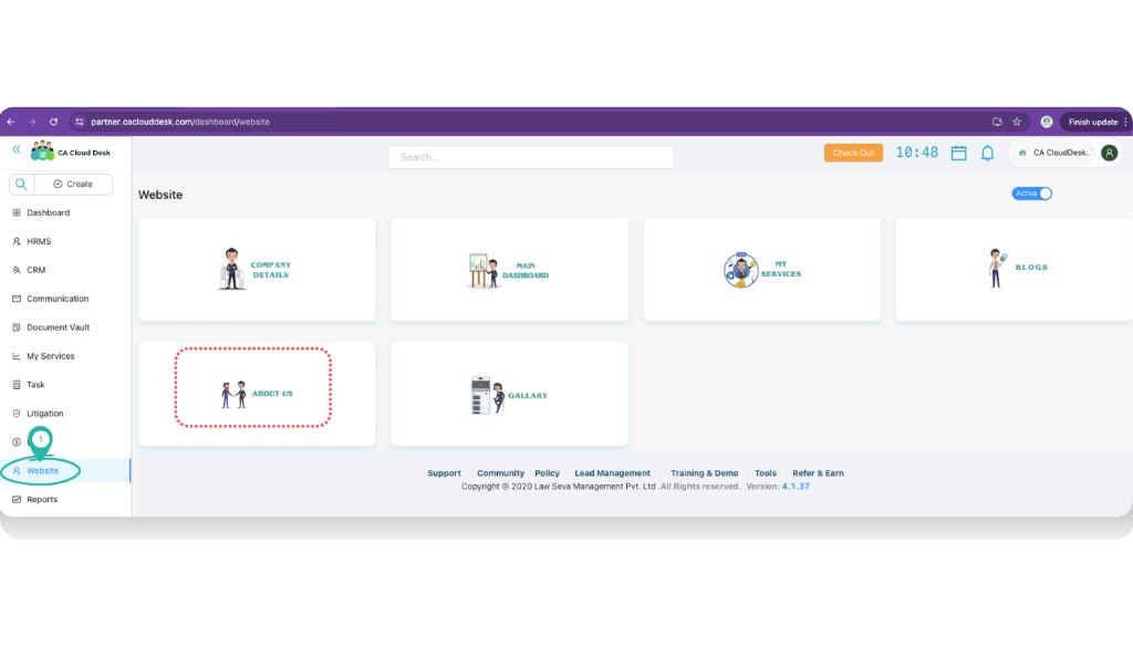 About Us tab with heading, description and image upload