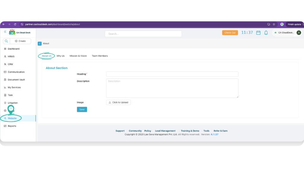 Mission and Vision tab with mission and vision headings and descriptions