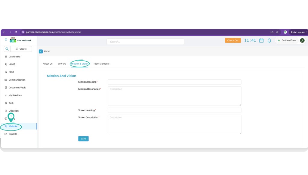 Team members tab with add member form including name, designation and image