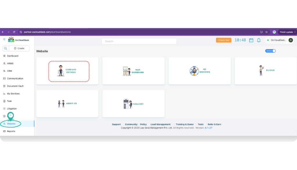 Website module tiles for Company Details, Main Dashboard, My Services, Blogs, About Us, Gallery