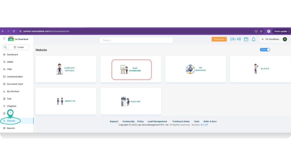 Main Dashboard screen with tabs for dashboard, client logo, portfolio, services header and client feedback