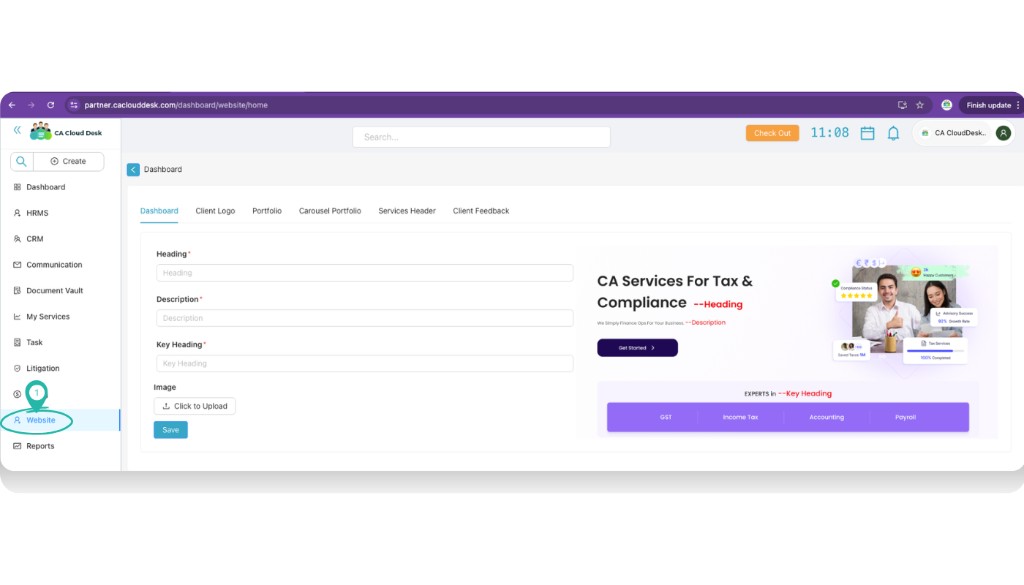 Main Dashboard dashboard tab with heading, description, key heading and image upload