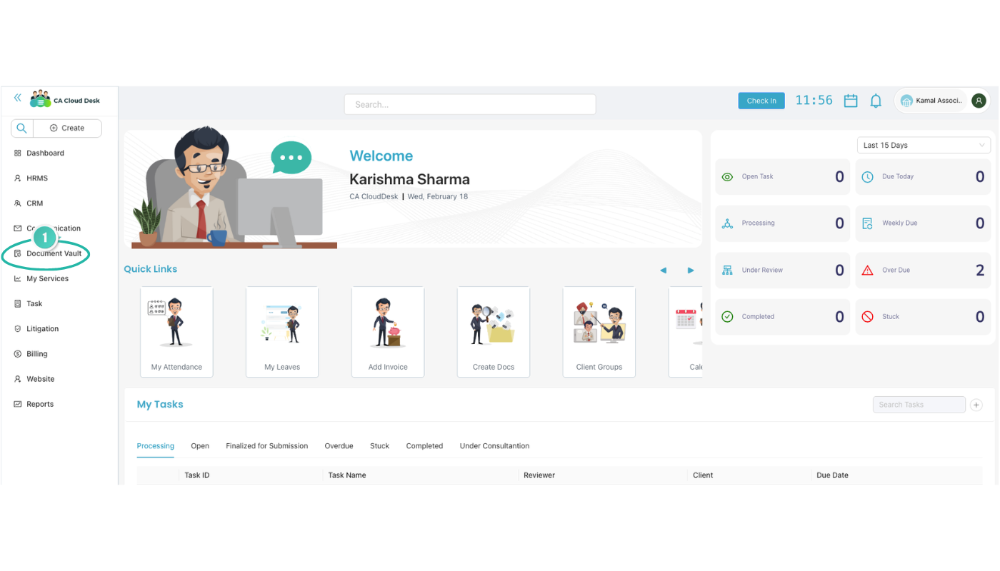 Dashboard with Document Vault highlighted in left panel