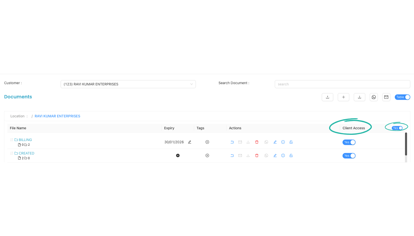 Documents table with File Name, Expiry, Tags, Actions, and Client Access Yes/No