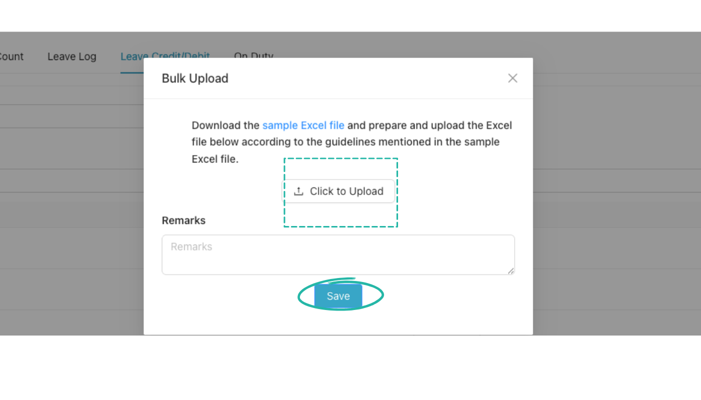 Bulk Upload dialog — download sample Excel, upload file, add remarks, then Save
