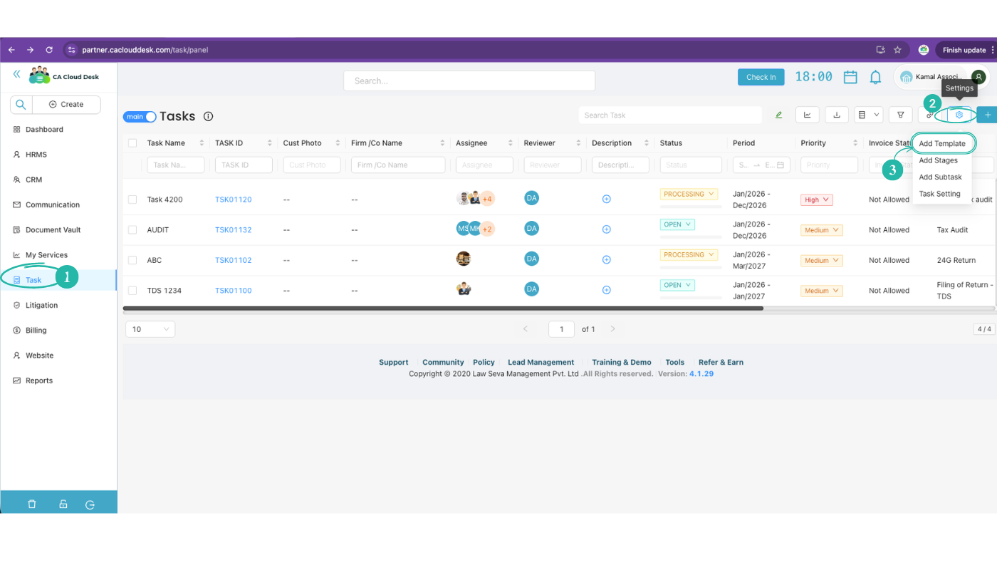 CA Cloud Desk Tasks screen: select Task in left panel; from the Settings icon select Add Template. Dropdown shows Add Template, Add Stages, Add Subtask, Task Setting