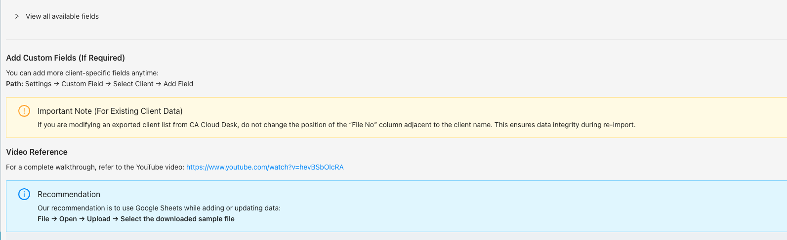 Custom fields and important notes