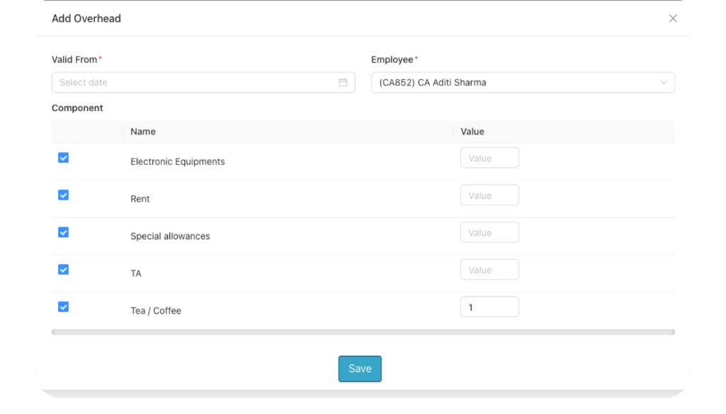 Add Overhead form with Valid From, Employee, Component table (Electronic Equipments, Rent, Special allowances, TA, Tea/Coffee)